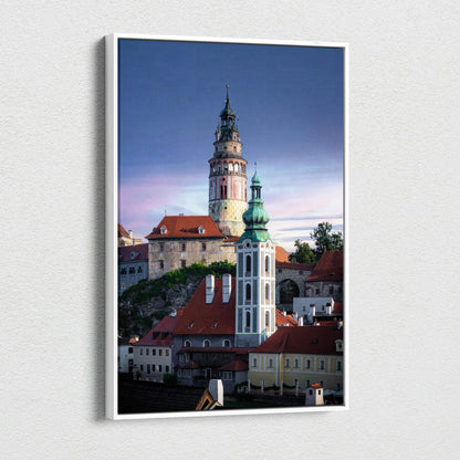 Vertical canvas wall art featuring a detailed urban skyline with historic buildings against a twilight sky.