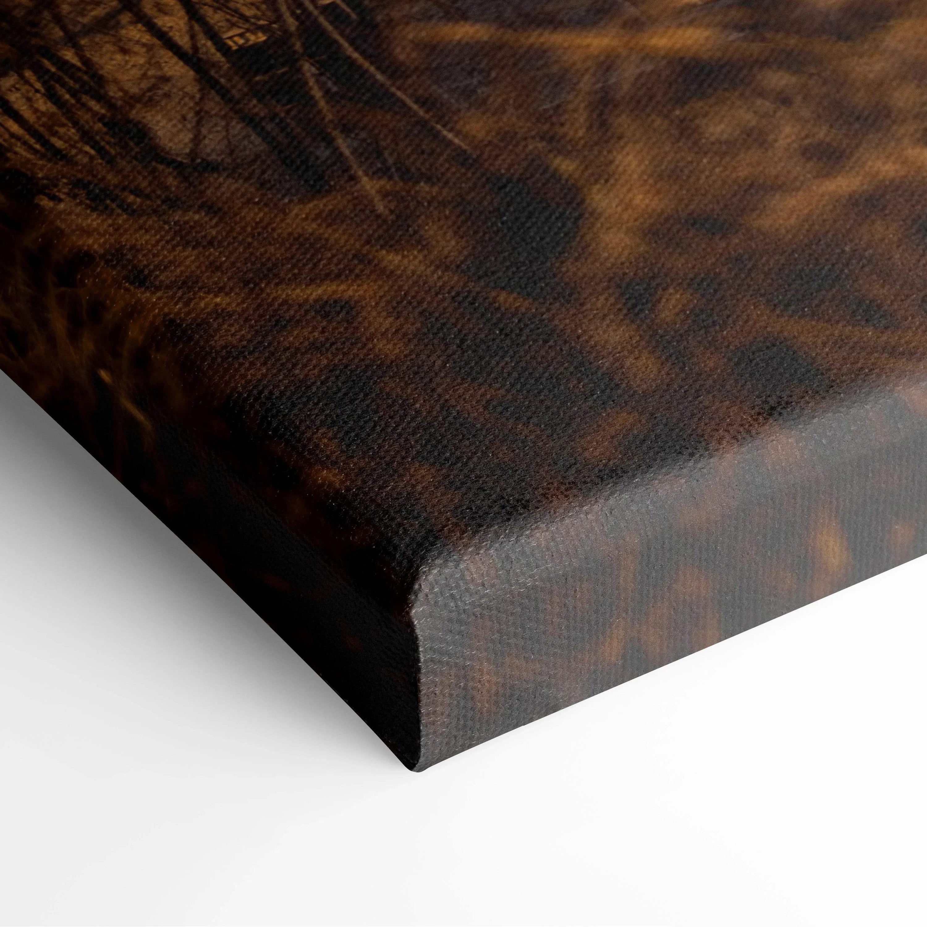 Dark brown textured canvas wall art corner with subtle abstract patterns and wrapped edges.