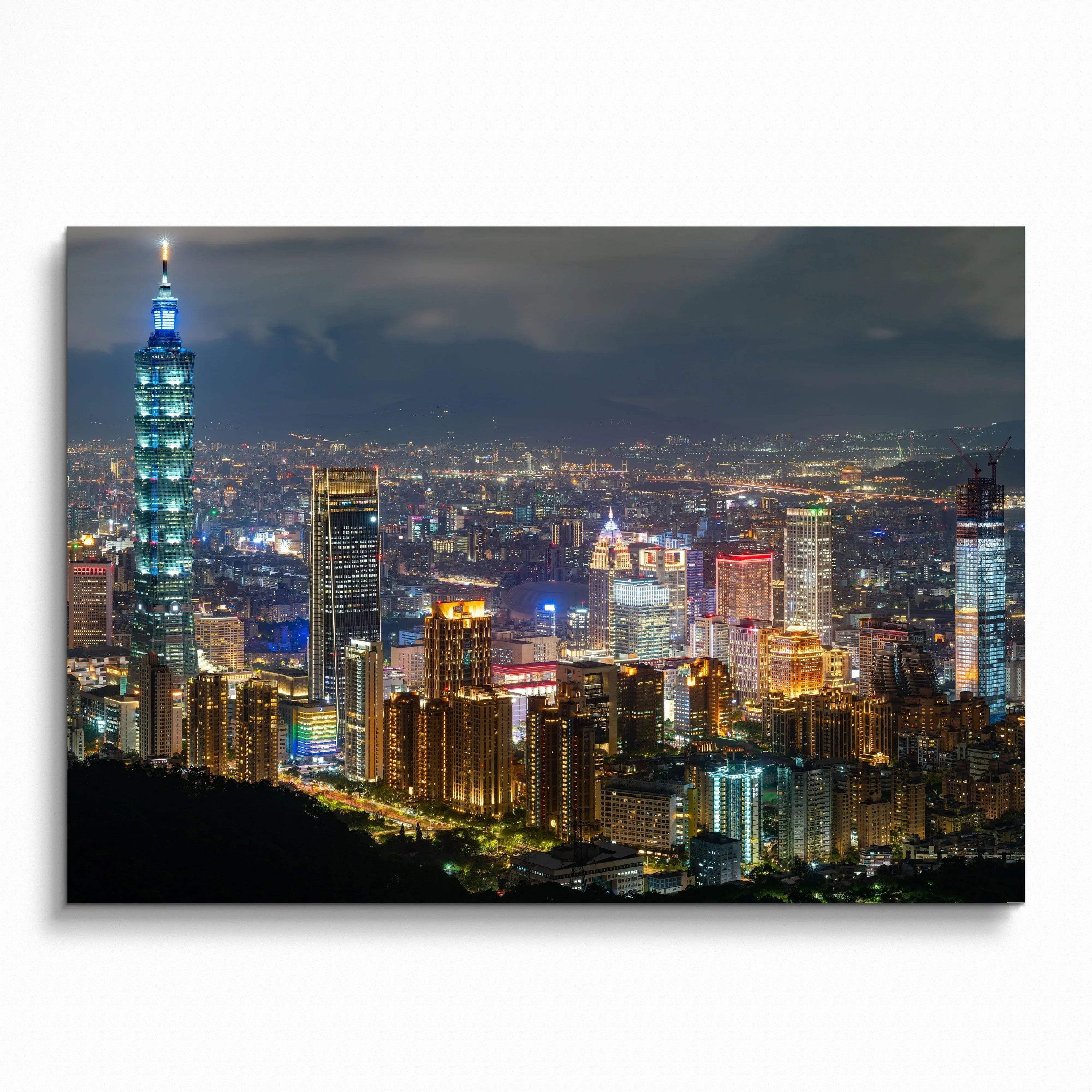 City night skyline wall art poster with illuminated skyscrapers and vibrant city lights.