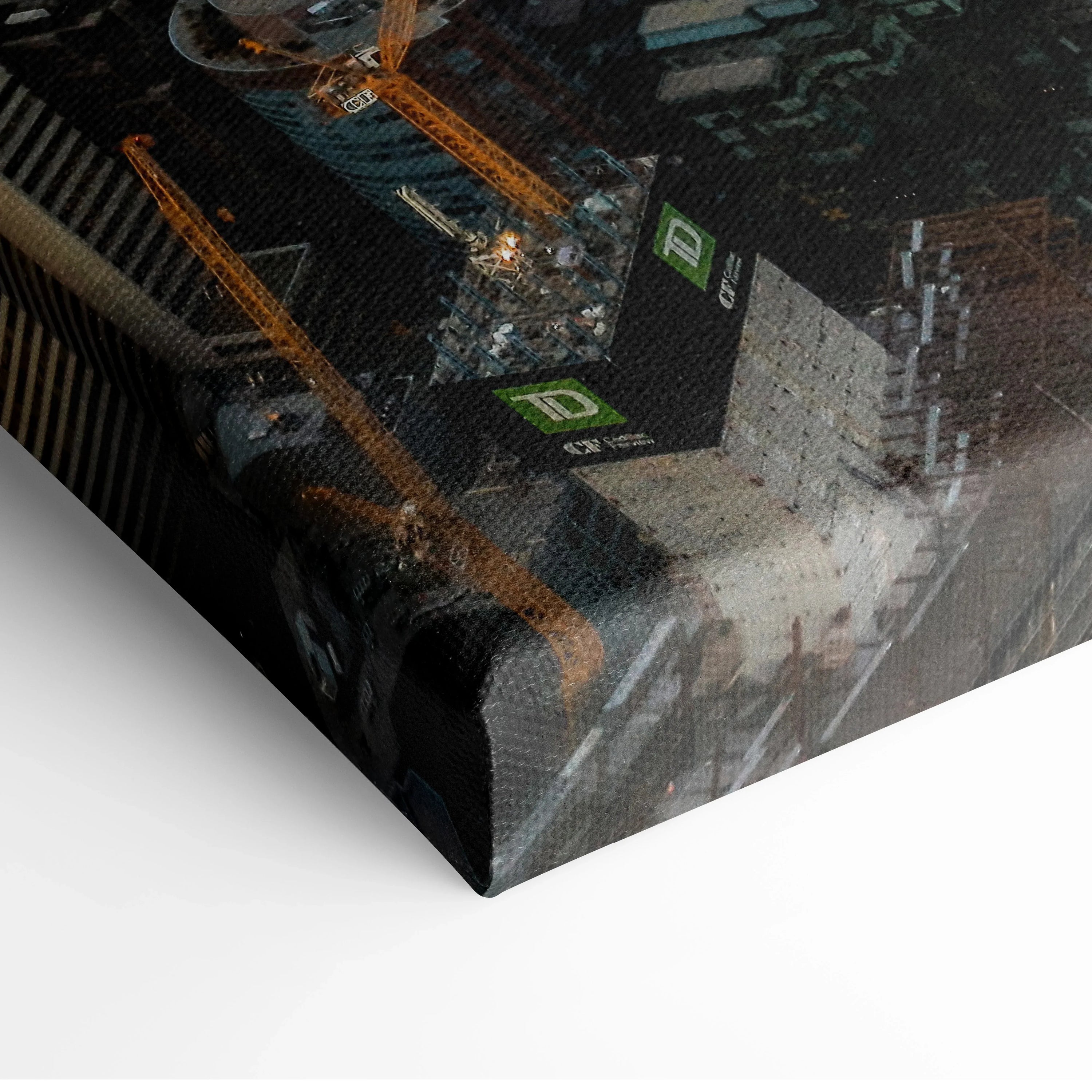 High-resolution city skyline canvas wall art with vibrant urban building details and dark tones.