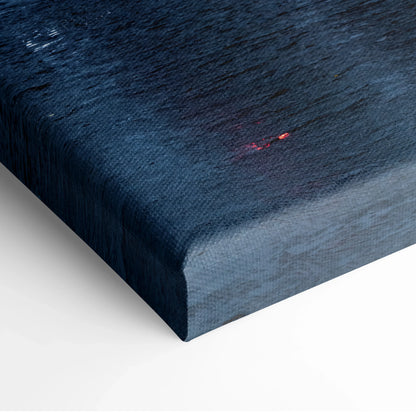 Dark blue canvas wall art corner with textured surface and subtle red highlights.