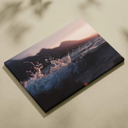 Moody cinematic ocean wave crashing on cliffs at sunset canvas print