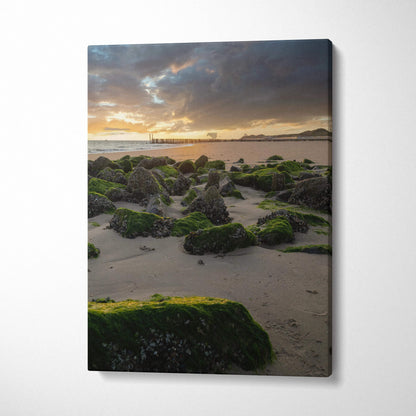 Canvas wall art featuring serene beach sunset with moss-covered rocks and cloudy sky.