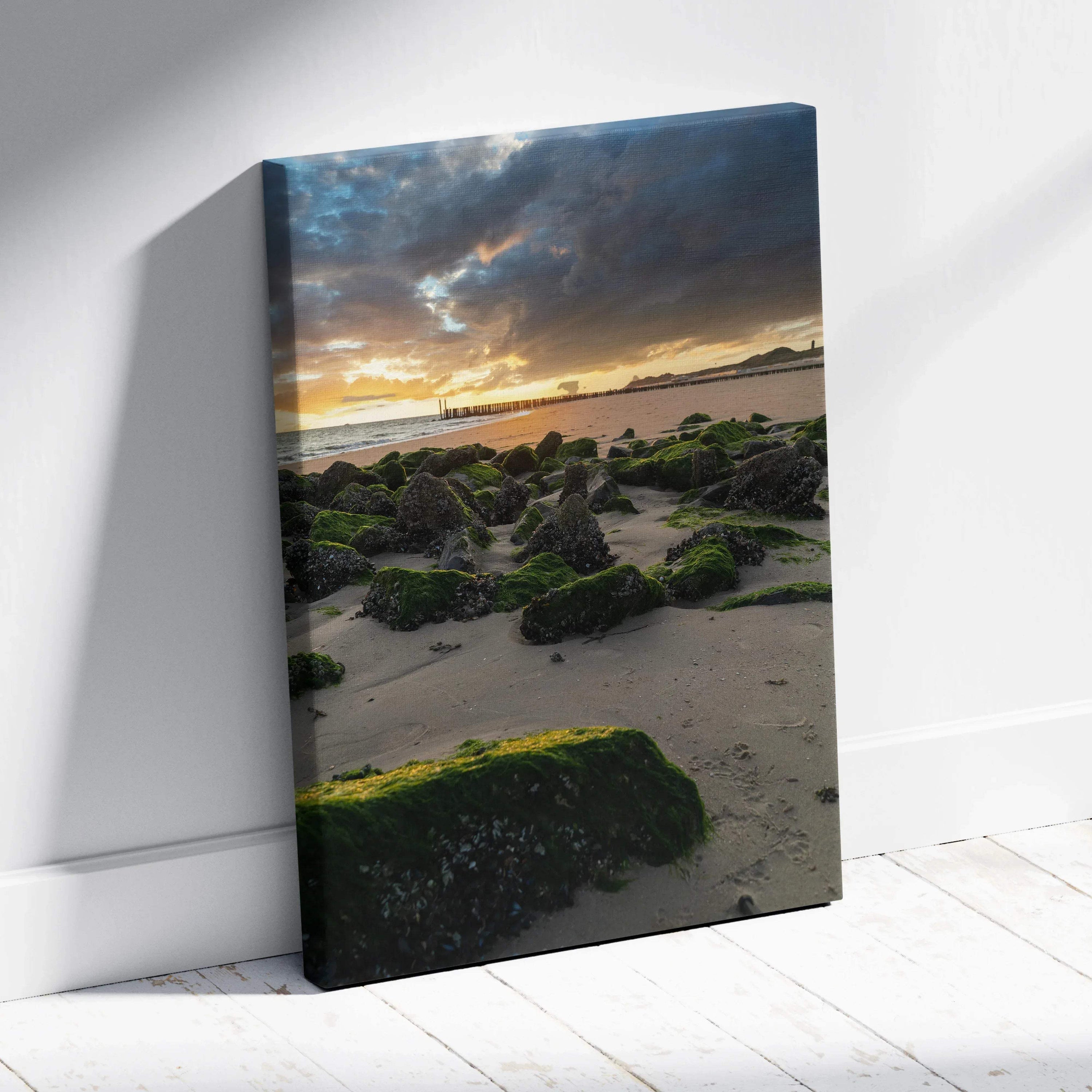 Canvas wall art featuring a serene beach sunset with moss-covered rocks and dramatic clouds.