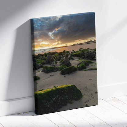 Canvas wall art featuring a serene beach sunset with moss-covered rocks and dramatic clouds.