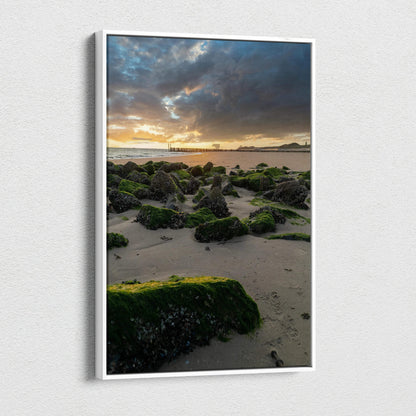Canvas wall art of serene beach at sunset with moss-covered rocks and dramatic clouds.