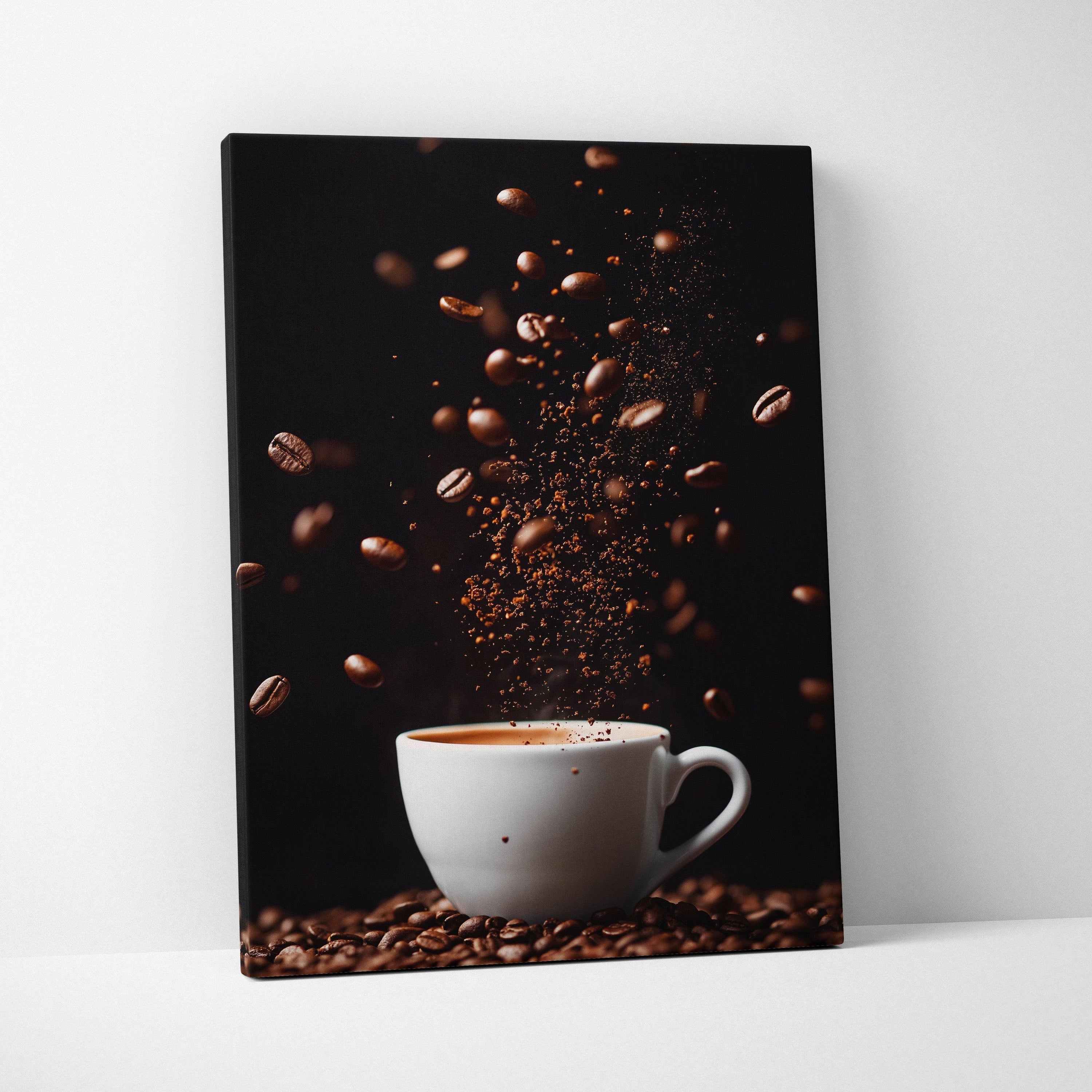 Canvas wall art featuring a white coffee cup with flying coffee beans and grounds on a dark background.