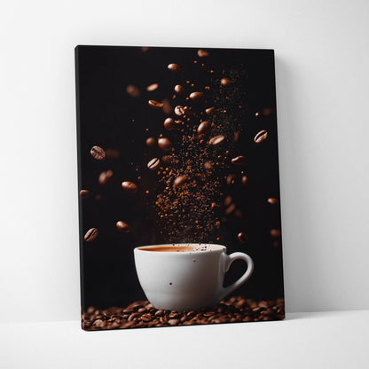 Canvas wall art featuring a white coffee cup with flying coffee beans and grounds on a dark background.