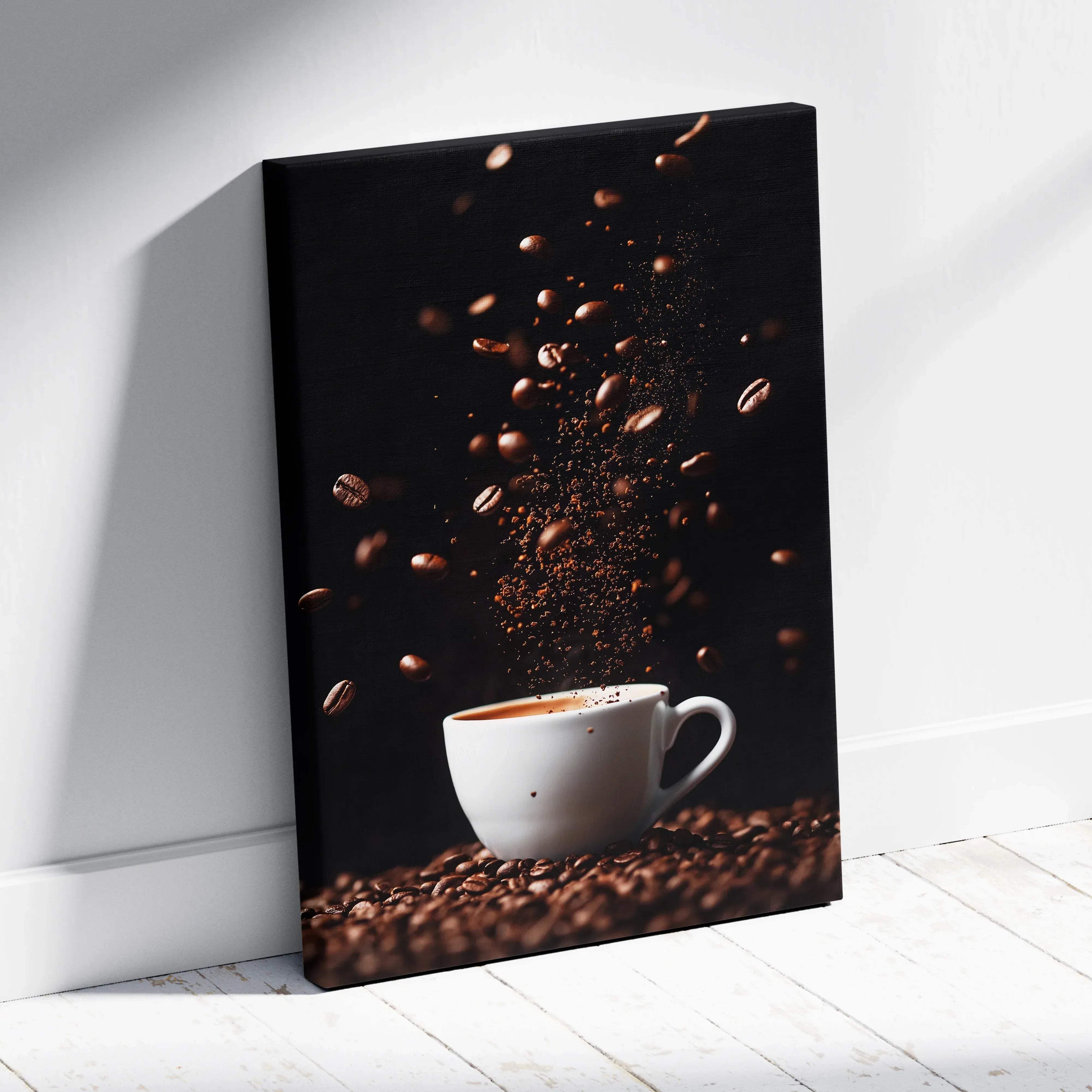 Cozy coffee lifestyle canvas wall art featuring a white ceramic coffee cup with speckled finish and roasted beans