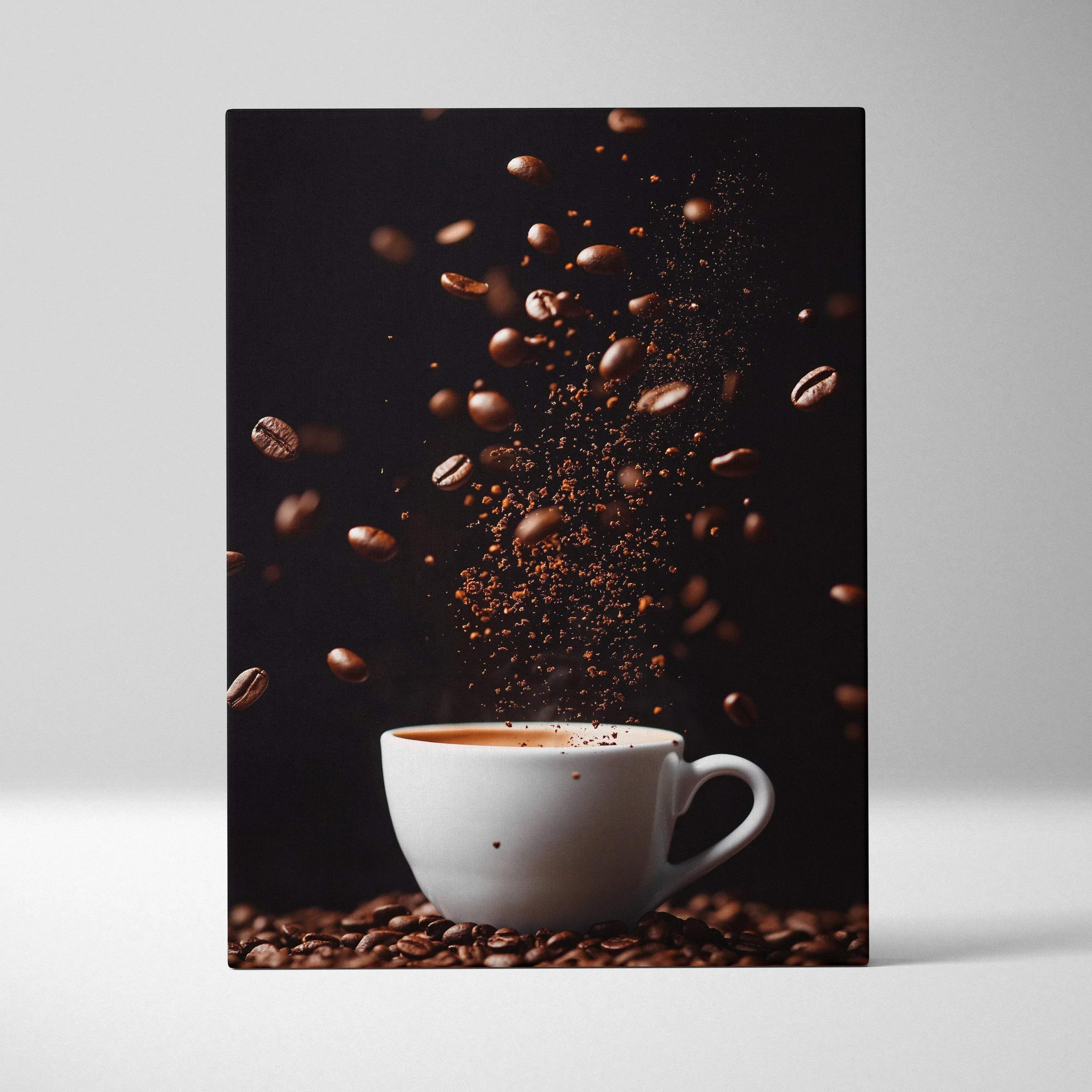 Cozy coffee lifestyle canvas wall art featuring a white ceramic cup with steaming coffee and dark brown beans on black background