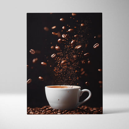Coffee beans swirling above white cup on black background canvas wall art print.