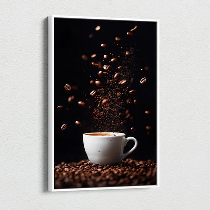 Canvas wall art featuring a white coffee cup surrounded by floating coffee beans and grounds on a dark background.