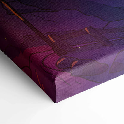 Purple stylized neon mountain landscape canvas print with orange accents