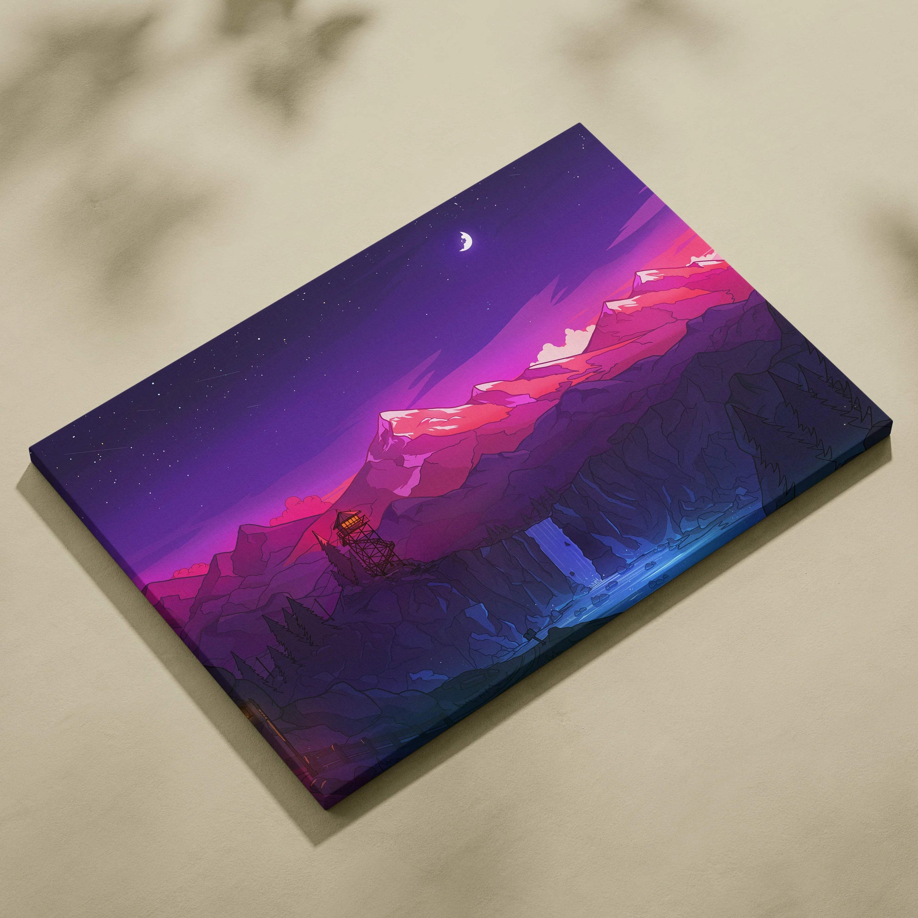 Stylized neon mountain landscape with tower, waterfall under magenta violet crescent moon canvas art