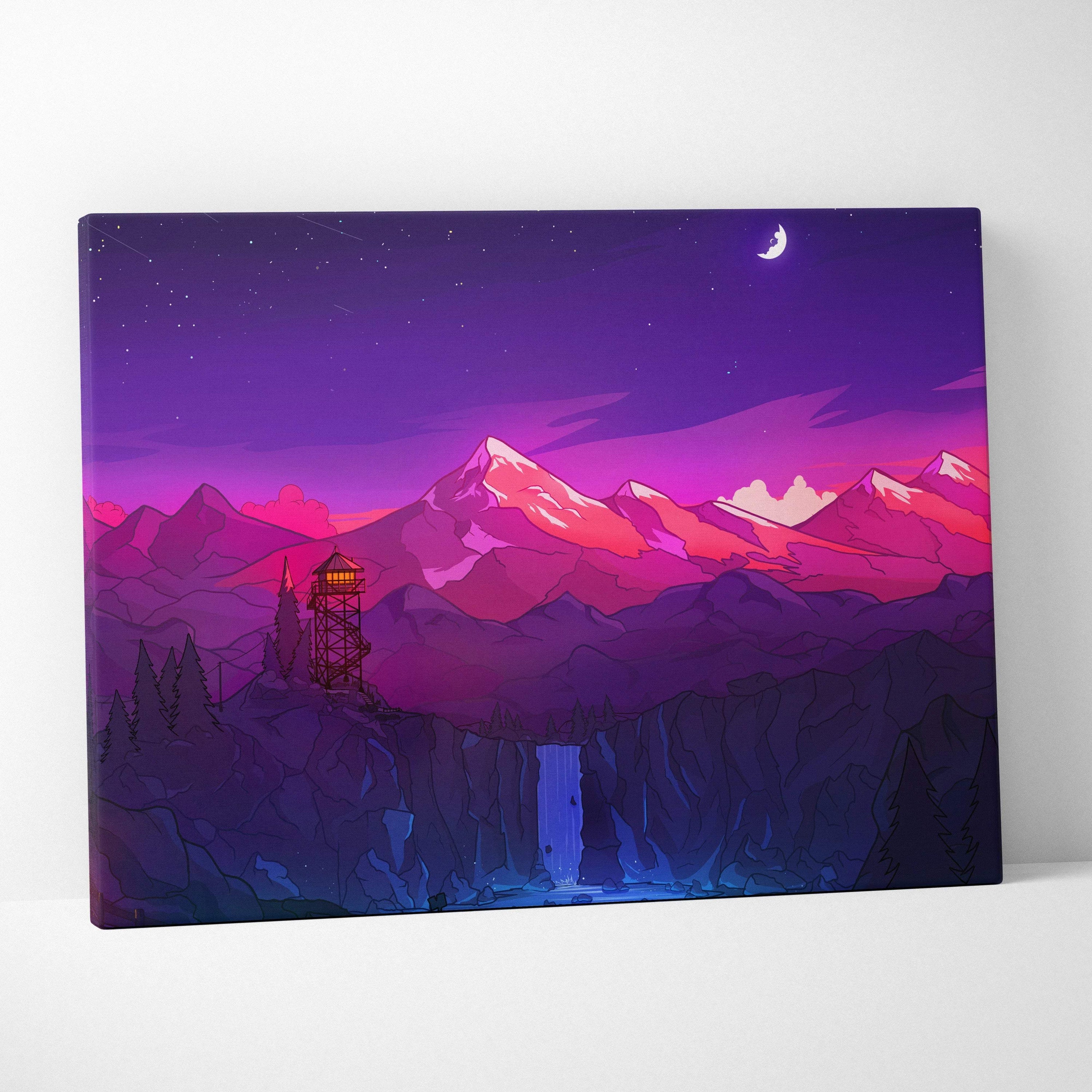 Stylized neon mountain landscape with lookout tower and waterfall under crescent moon in magenta violet canvas wall art