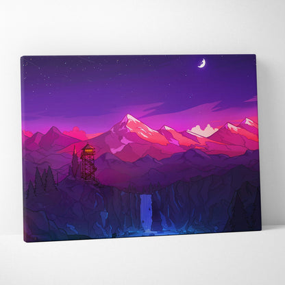 Stylized neon mountain landscape with lookout tower and waterfall under crescent moon in magenta violet canvas wall art