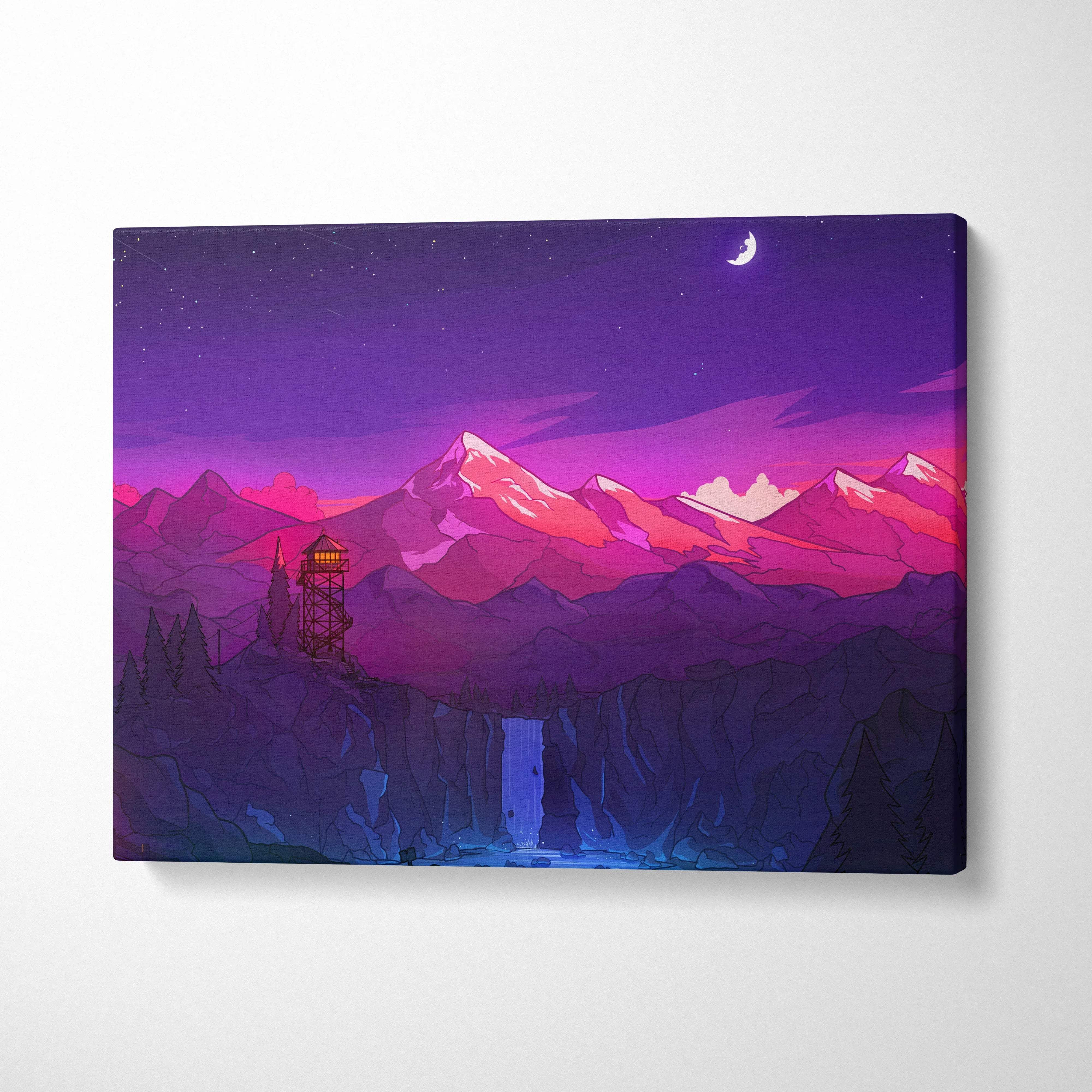 Vibrant neon purple pink mountain landscape canvas with glowing tower waterfall crescent moon