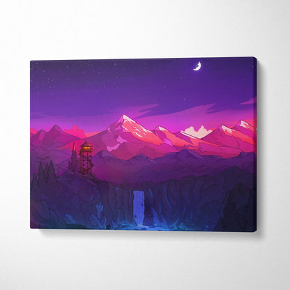 Vibrant neon purple pink mountain landscape canvas with glowing tower waterfall crescent moon