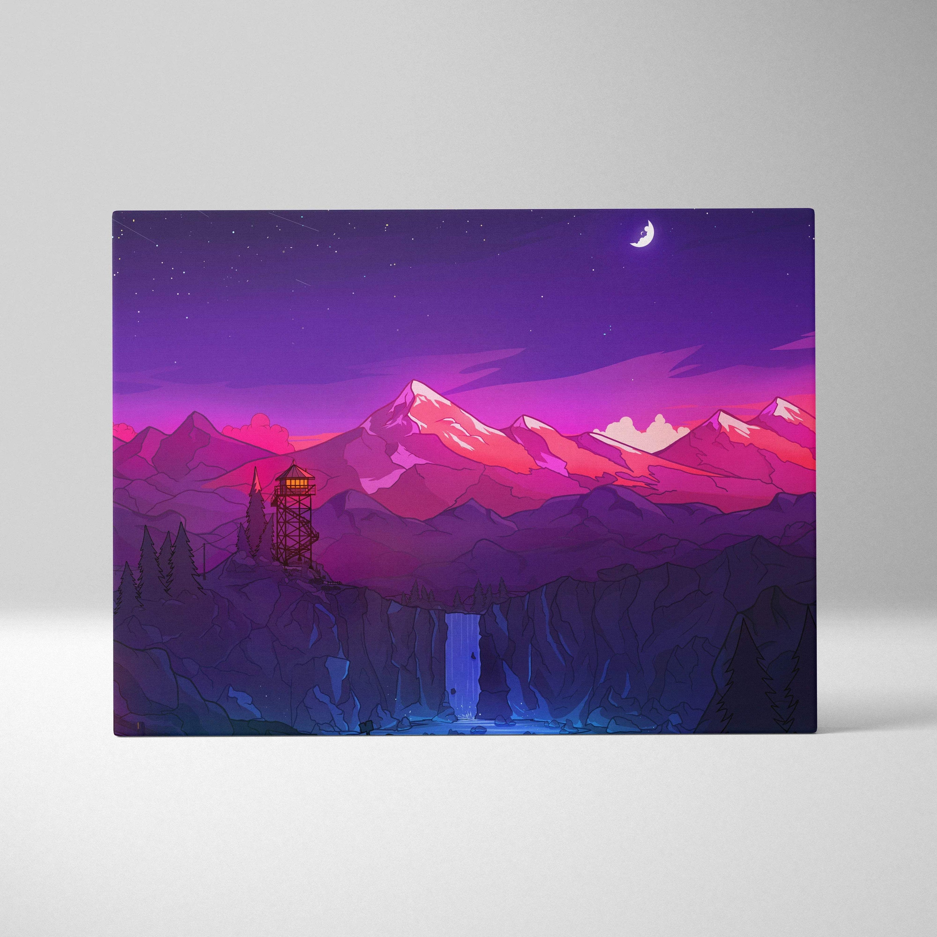 Vibrant neon purple pink mountain landscape canvas with glowing fire tower waterfall crescent moon