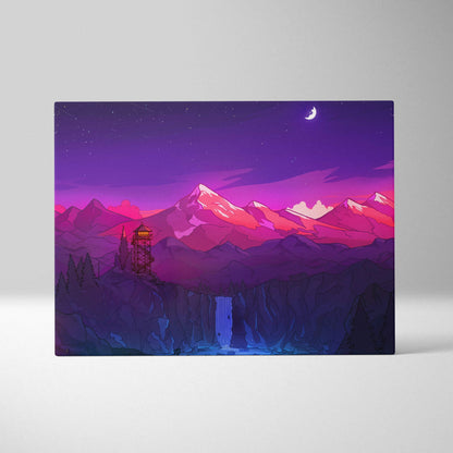 Vibrant neon purple pink mountain landscape canvas with glowing fire tower waterfall crescent moon