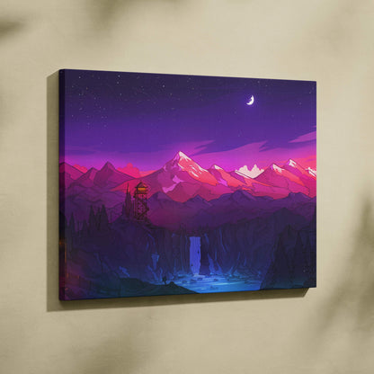 Vibrant neon purple pink mountain landscape canvas with tower waterfall moon