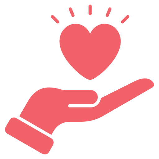 A pink illustrated hand offering a glowing heart.