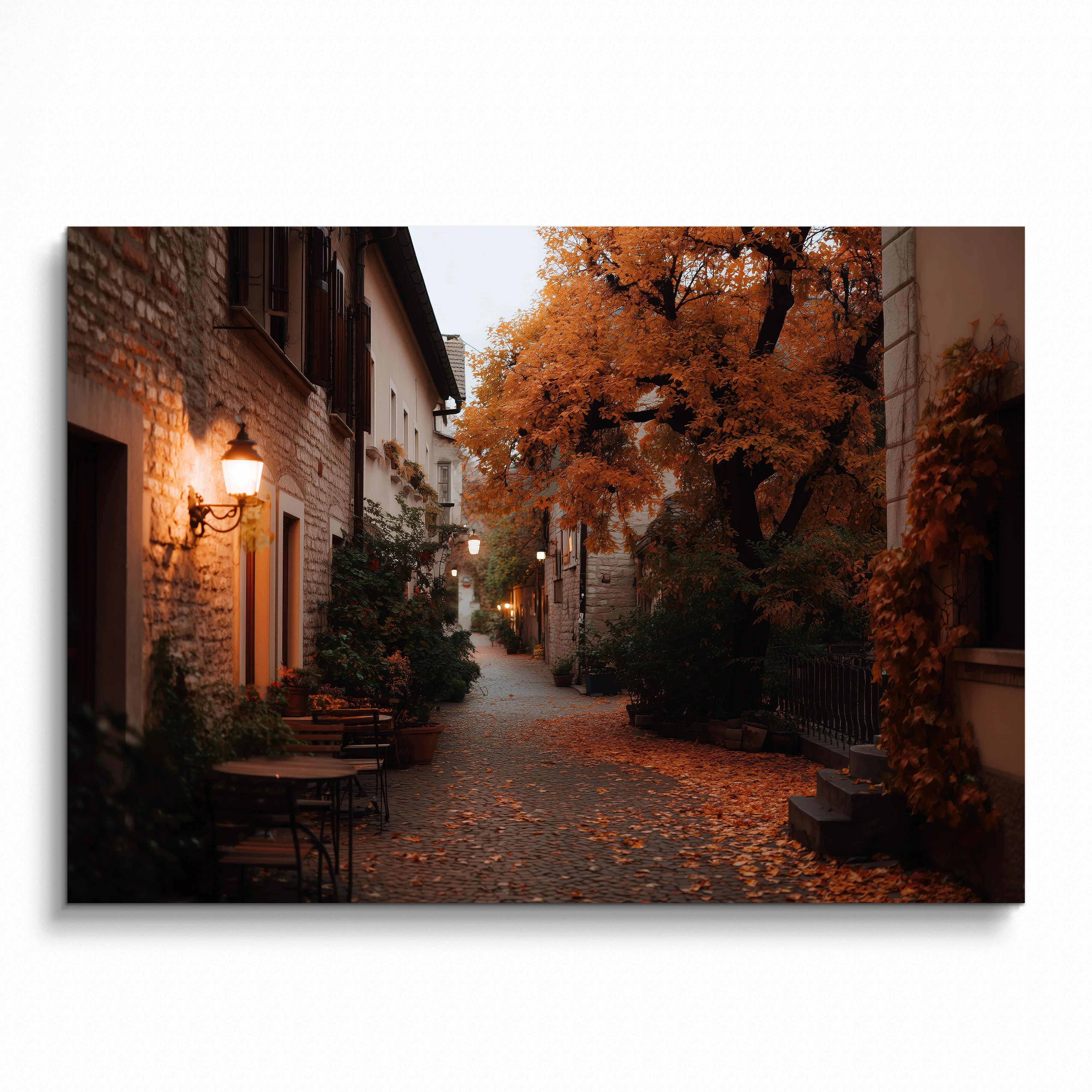 Autumn street scene digital art poster with orange foliage and cozy warm lighting wall art.