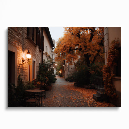 Autumn street scene digital art poster with orange foliage and cozy warm lighting wall art.
