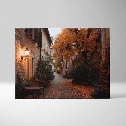 Autumn street scene canvas wall art with glowing lamps and vibrant orange trees.