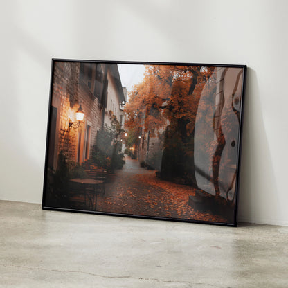 Framed autumn nature digital art poster with orange leaves and cozy street lamp wall art.