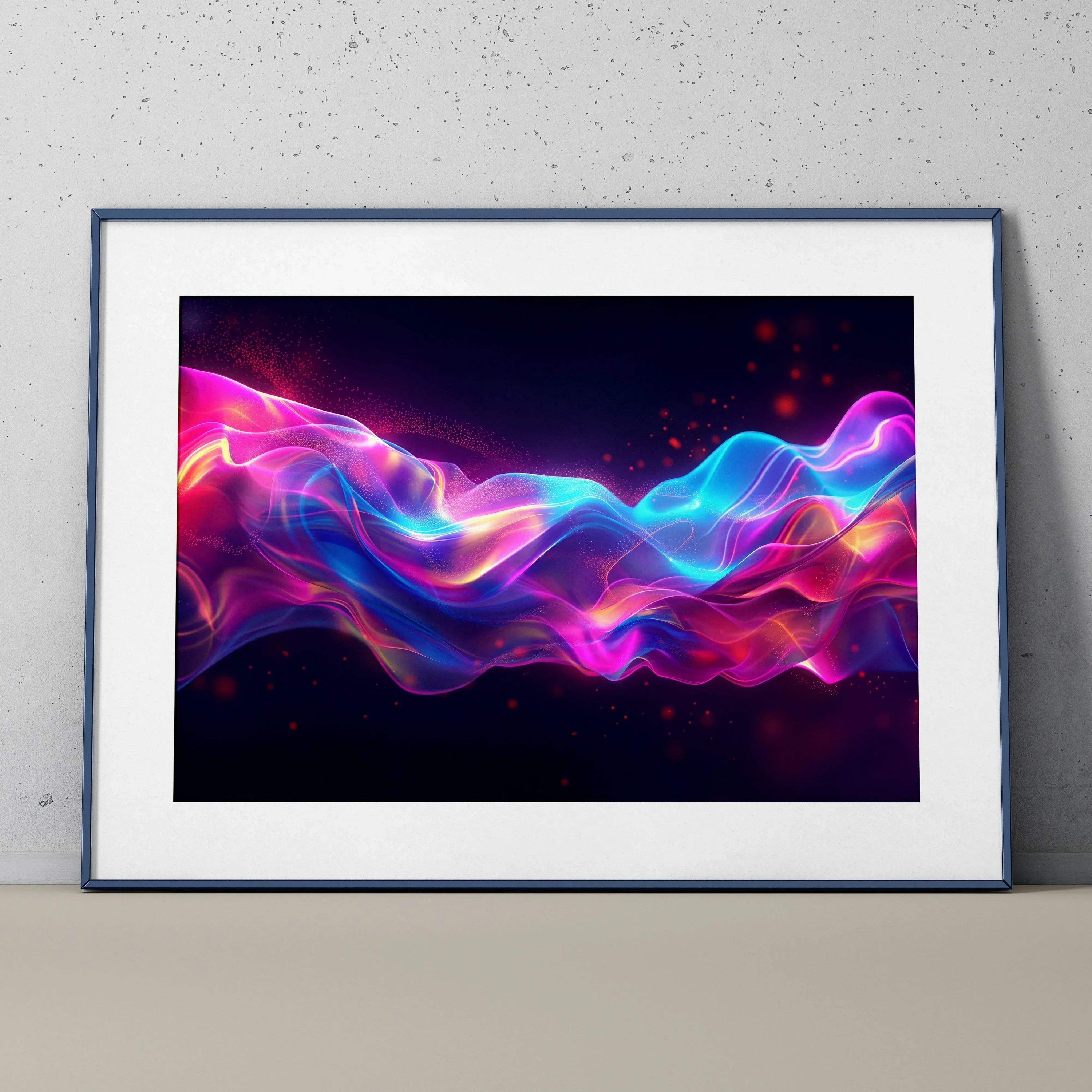 Vibrant abstract digital art poster with flowing neon pink, purple, and blue waves, modern wall art.
