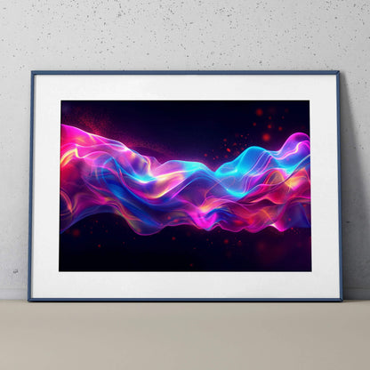 Vibrant abstract digital art poster with flowing neon pink, purple, and blue waves, modern wall art.