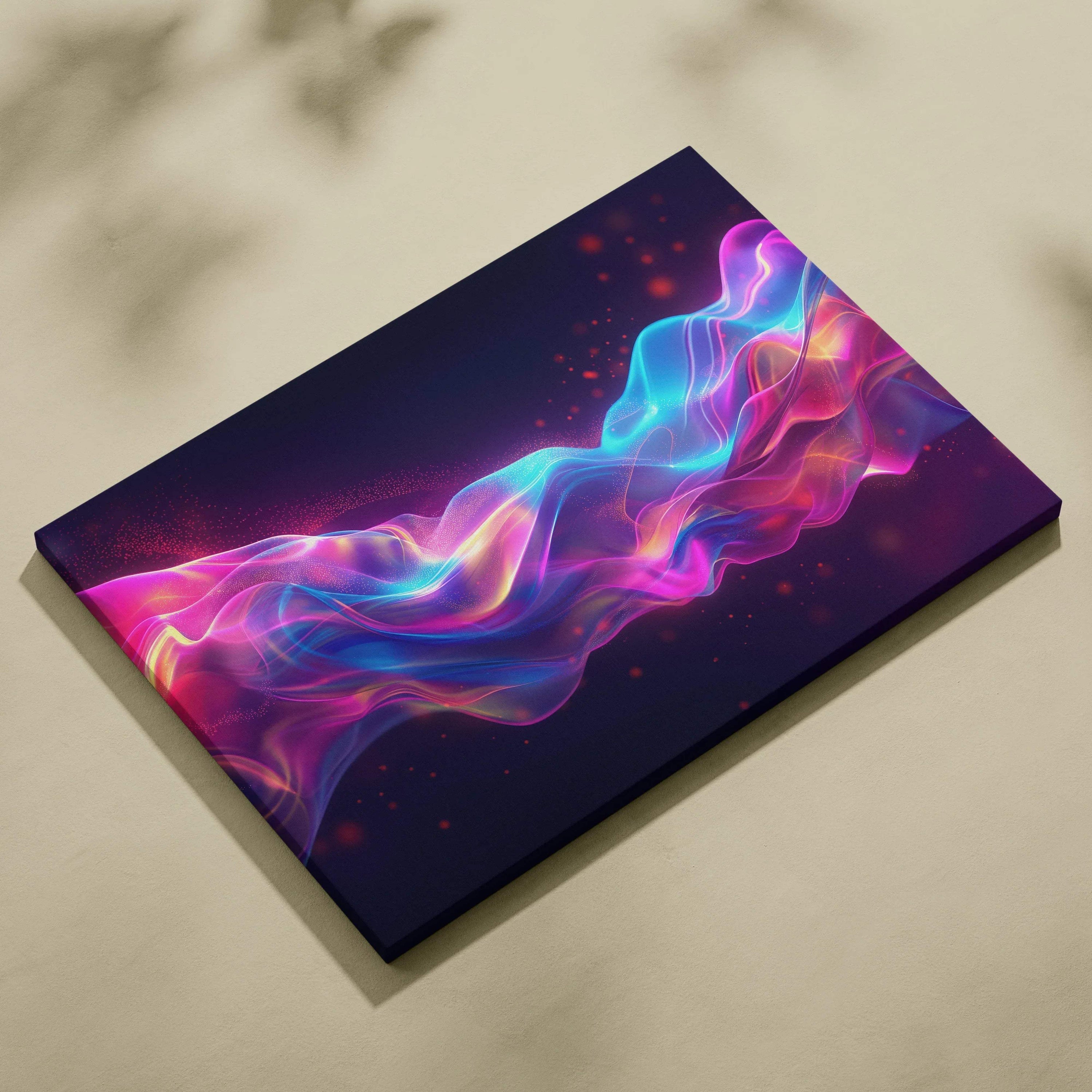 Abstract vibrant wave pattern in neon pink and blue on dark canvas wall art.
