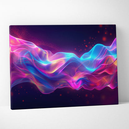 Abstract vibrant neon wave design on canvas wall art with swirling pink, blue, and purple colors.