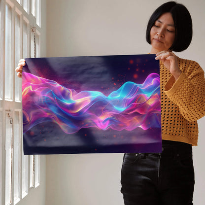 Vibrant modern abstract art poster with flowing neon waves in pink, blue, and purple tones, digital wall art design.