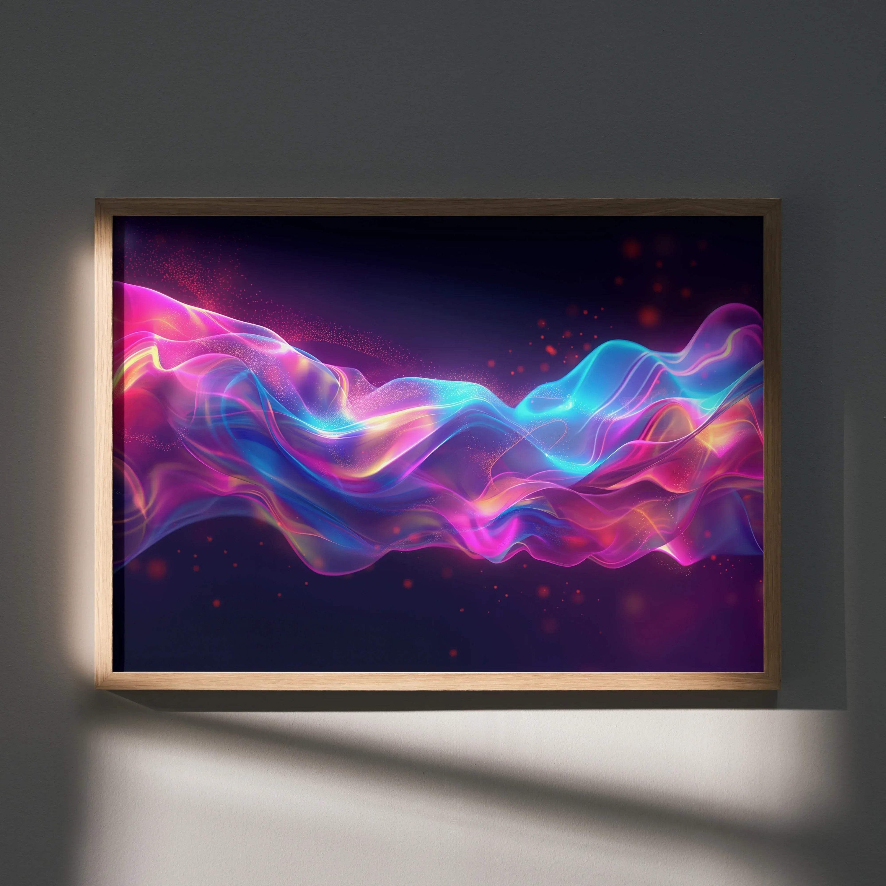 Vibrant abstract digital art poster with flowing neon pink, purple, and blue waves on dark background wall art.