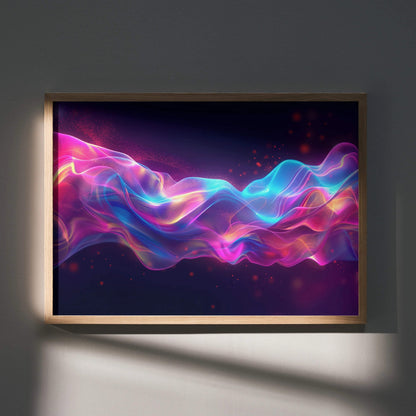 Vibrant abstract digital art poster with flowing neon pink, purple, and blue waves on dark background wall art.