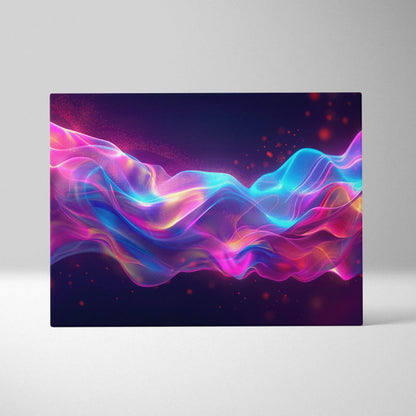 Vibrant abstract digital art wall art canvas with flowing neon pink and blue waves.