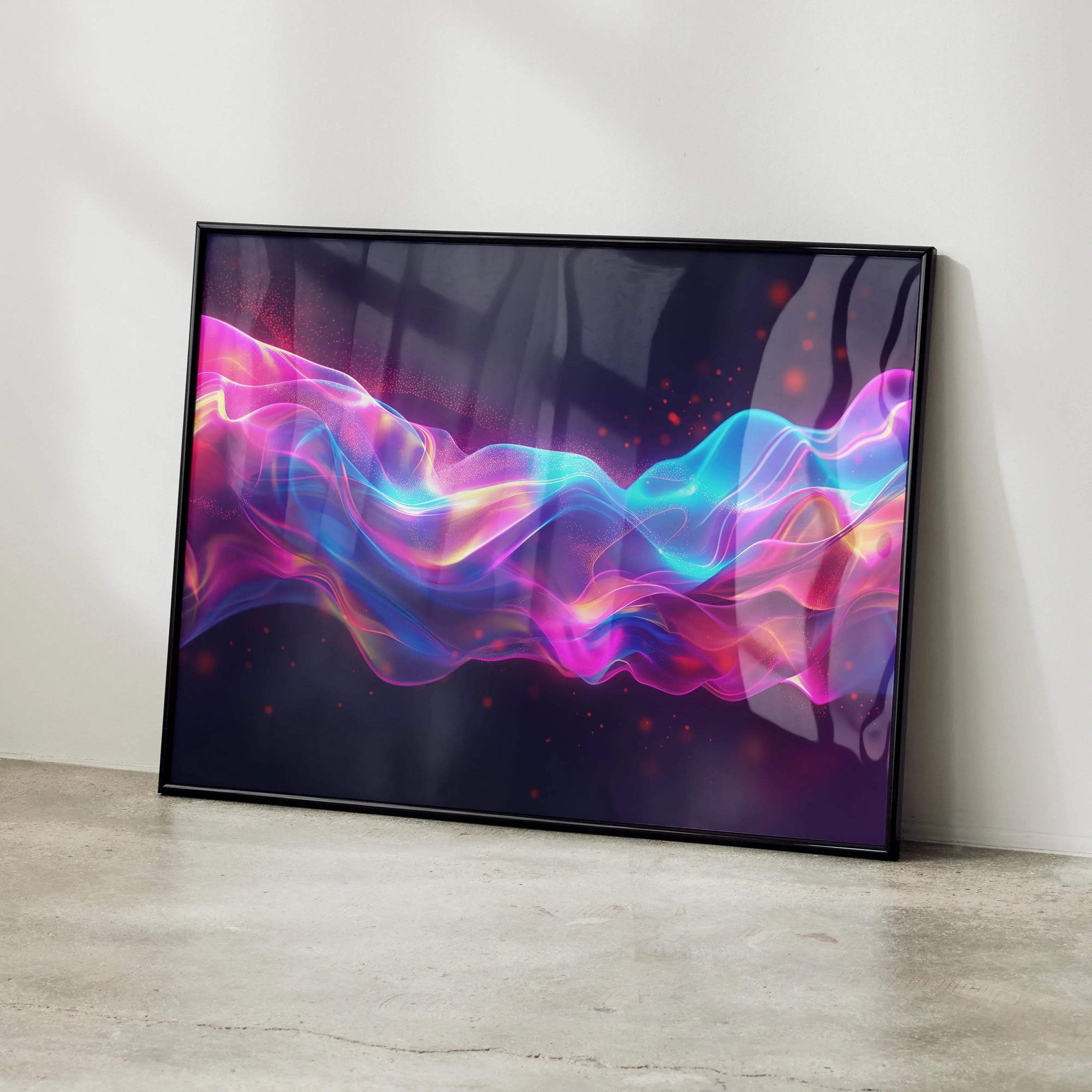 Vibrant modern abstract art poster with neon pink, blue, and purple waves on dark background wall art.
