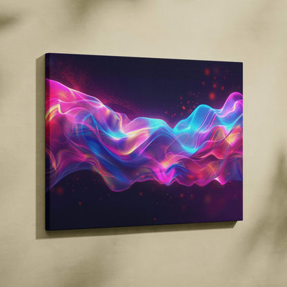 Abstract vibrant neon waves in pink, purple, and blue flowing on canvas wall art.