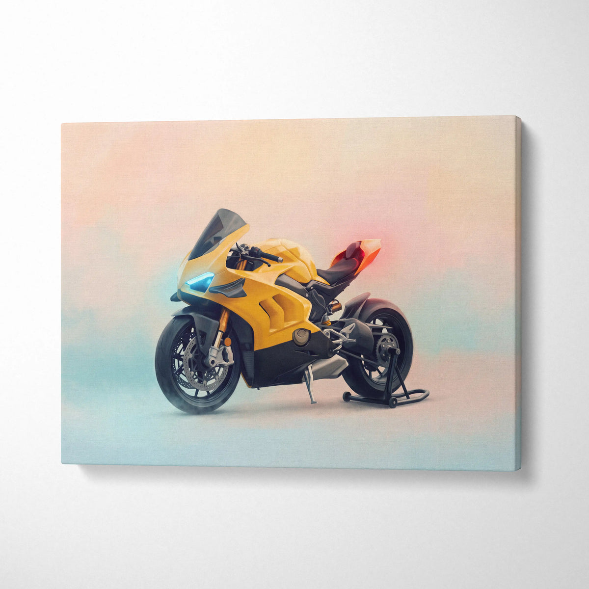 Vibrant yellow ducati panigale v4 inspired canvas art featuring a stylized superbike print for italian garage decor