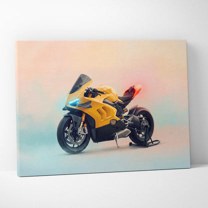 Yellow and black ducati panigale v4 inspired canvas art featuring superbike poster for italian garage decor