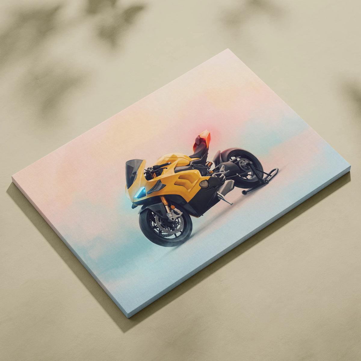 Vibrant yellow and black ducati panigale v4 inspired sport motorcycle illustration on stretched canvas for garage decor