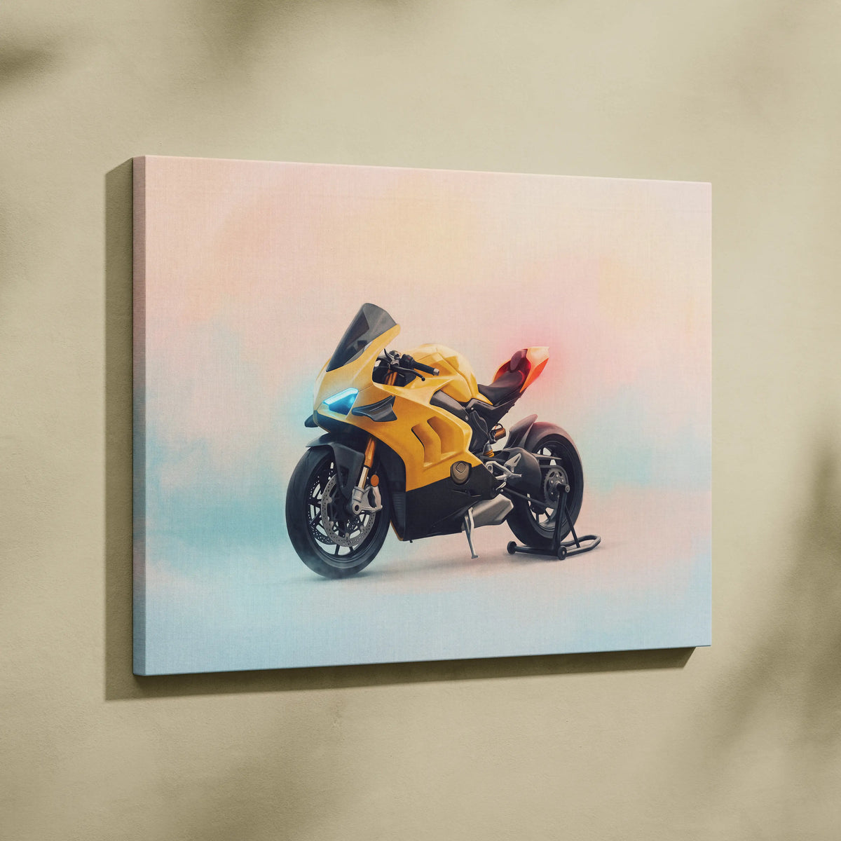 Canvas wall art featuring a yellow and black ducati panigale v4 superbike inspired poster for italian garage decor