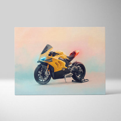 Vibrant yellow and black ducati panigale v4 canvas art with stylized painterly illustration for Italian garage decor