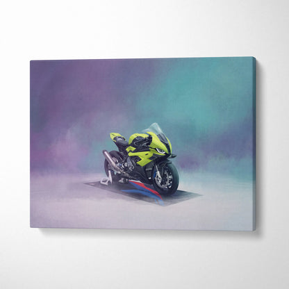 Vibrant lime green and black BMW S1000RR inspired sport bike canvas with smoky purple and teal background wall art