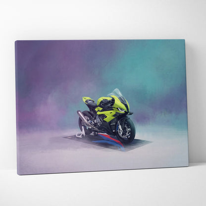 Vibrant lime green and black bmw s1000rr inspired sport bike canvas print with smoky purple and teal background for garage decor