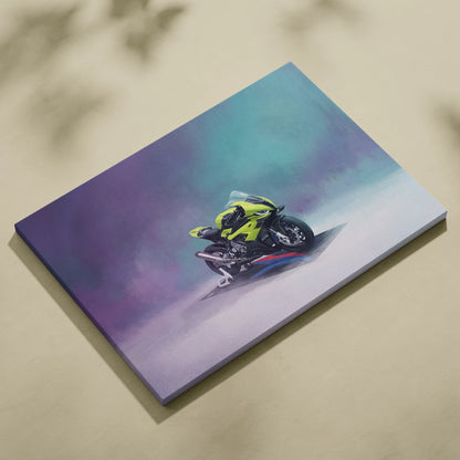 Vibrant lime green bmw s1000rr inspired sport bike wall art on canvas with gradient purple and teal background