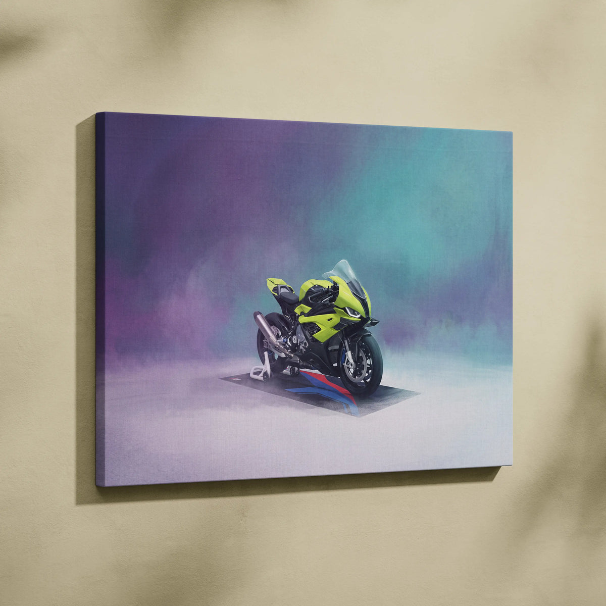 Vibrant lime green and black BMW S1000RR sport bike artwork printed on stretched canvas for modern garage decor