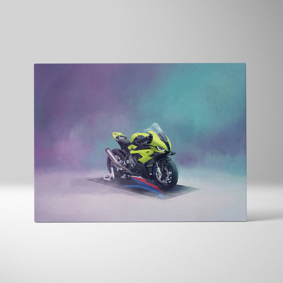 Vibrant lime green and black BMW S1000RR inspired sport bike canvas print with smoky purple and teal background for modern garage decor